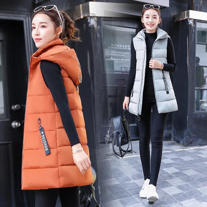 Autumn Winter Mid-length Women's Vest Coat Casual Zipper Sleeveless Warm Jacket Solid Color Hooded Ladies Vest Parkas for women