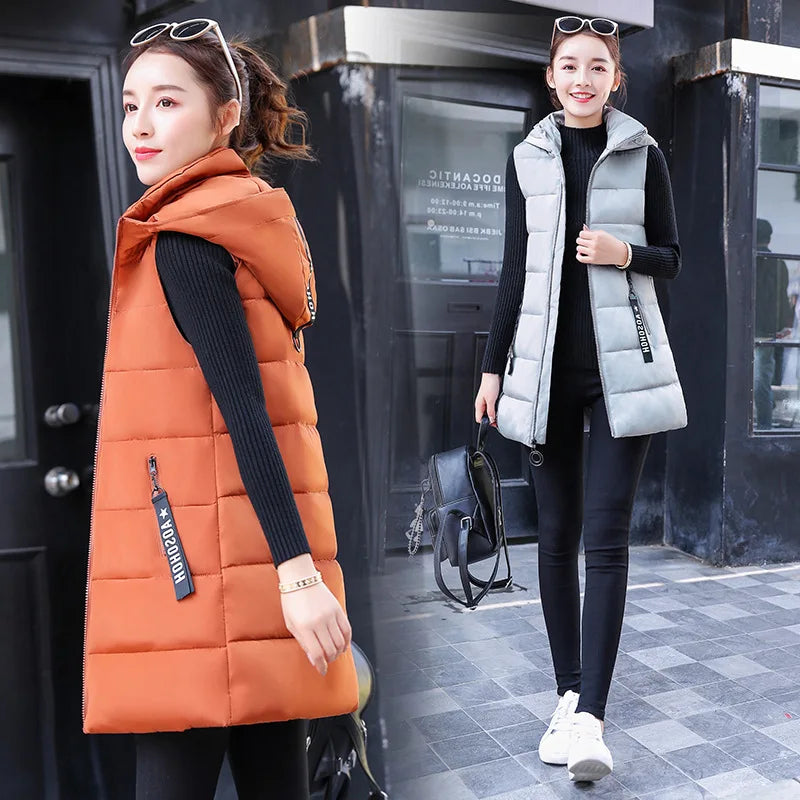 Autumn Winter Mid-length Women's Vest Coat Casual Zipper Sleeveless Warm Jacket Solid Color Hooded Ladies Vest Parkas for women
