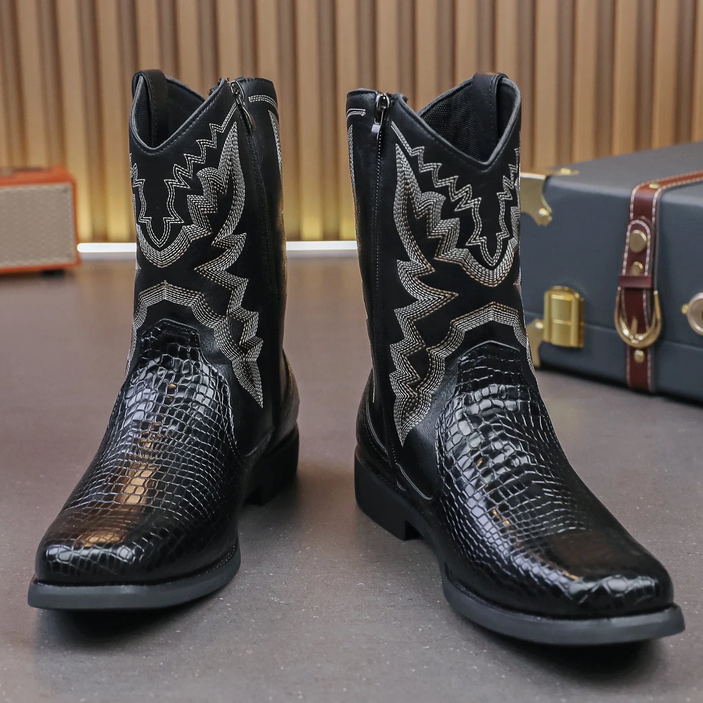 Embroidered Leather Western Cowboy Boots Women's Round Toe Chunky Heel Matching Mid Calf Boots Vintage Black Knight Boots