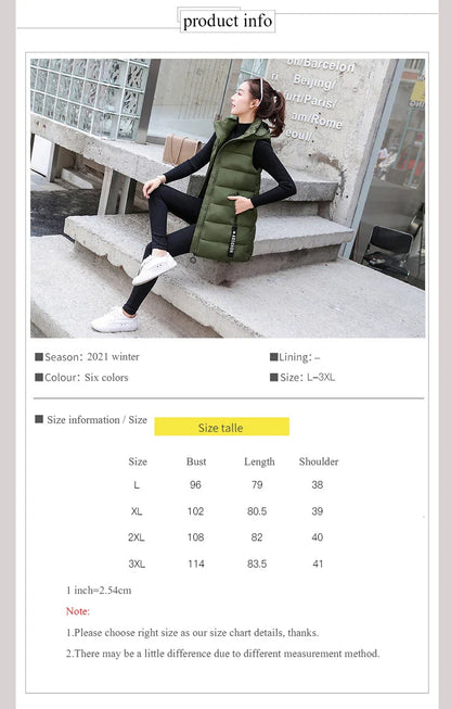 Autumn Winter Mid-length Women's Vest Coat Casual Zipper Sleeveless Warm Jacket Solid Color Hooded Ladies Vest Parkas for women
