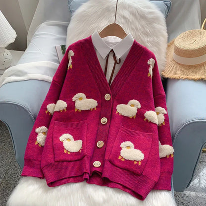 Women Winter Knit Sweater Coat V Neck Sheep Cardigans Christmas Sweaters Warm Knitted Sueter Mujer Loose Long Sleeve Jacket