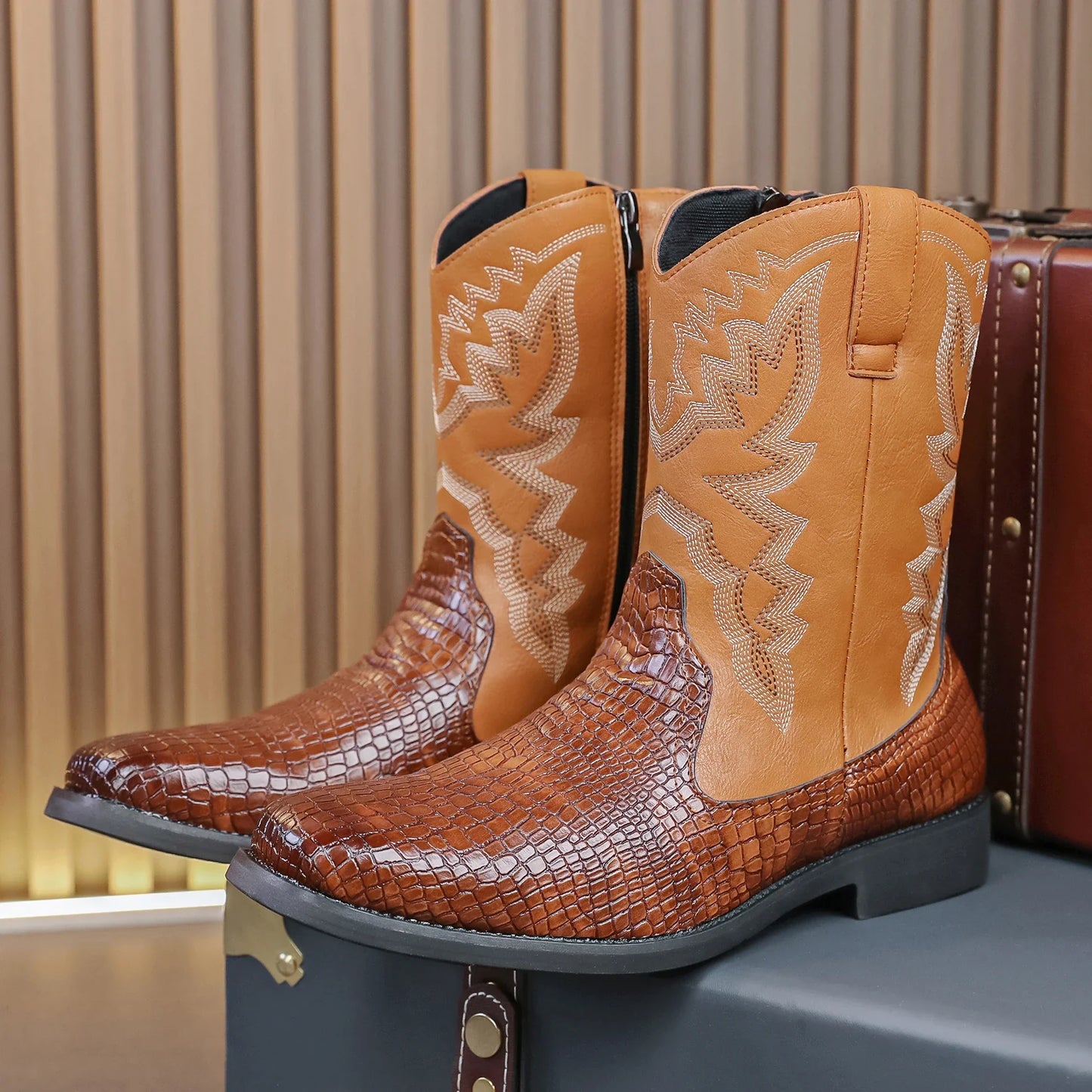 Embroidered Leather Western Cowboy Boots Women's Round Toe Chunky Heel Matching Mid Calf Boots Vintage Black Knight Boots