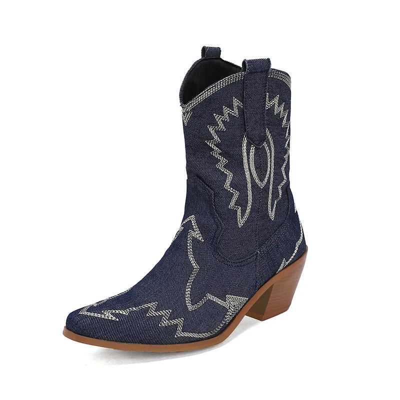 BUSY GIRL XY4777 Ladies Winter Boots Short Fur Warm 6cm Block Heels Custom Embroidery Western Boots Women Cowboy Boots