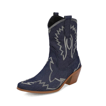BUSY GIRL XY4777 Ladies Winter Boots Short Fur Warm 6cm Block Heels Custom Embroidery Western Boots Women Cowboy Boots