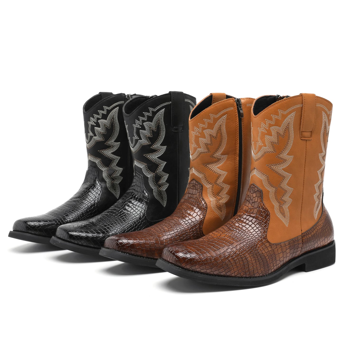 Embroidered Leather Western Cowboy Boots Women's Round Toe Chunky Heel Matching Mid Calf Boots Vintage Black Knight Boots