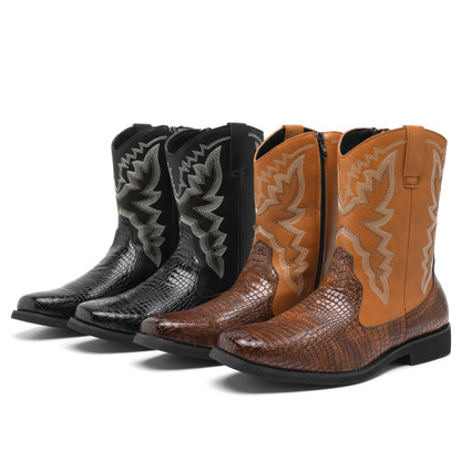 Embroidered Leather Western Cowboy Boots Women's Round Toe Chunky Heel Matching Mid Calf Boots Vintage Black Knight Boots
