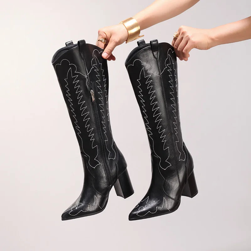 Vintage Western Cowboy Boots Cross-Border Embroidered Knee-High Boots Height Increasing Heel Options Solid Pattern Winter