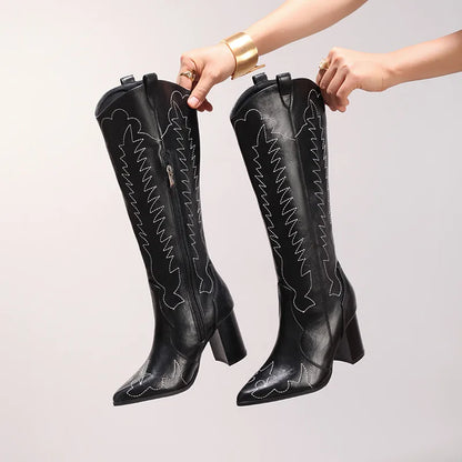 Vintage Western Cowboy Boots Cross-Border Embroidered Knee-High Boots Height Increasing Heel Options Solid Pattern Winter