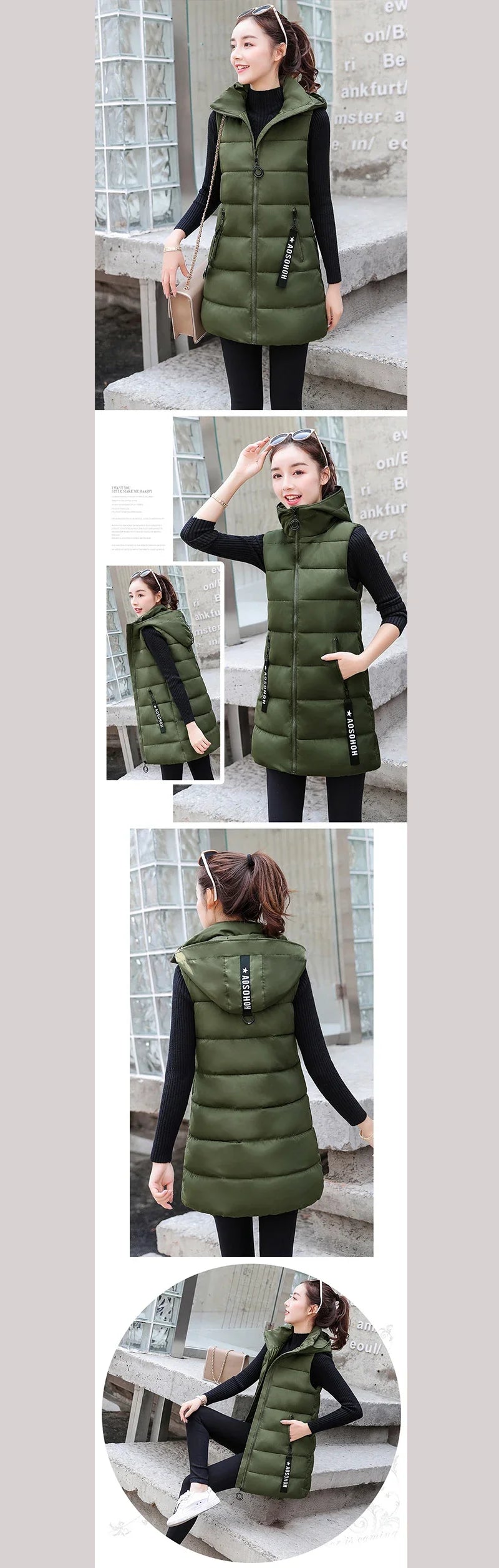 Autumn Winter Mid-length Women's Vest Coat Casual Zipper Sleeveless Warm Jacket Solid Color Hooded Ladies Vest Parkas for women