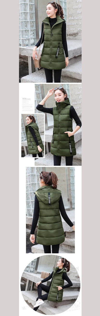 Autumn Winter Mid-length Women's Vest Coat Casual Zipper Sleeveless Warm Jacket Solid Color Hooded Ladies Vest Parkas for women
