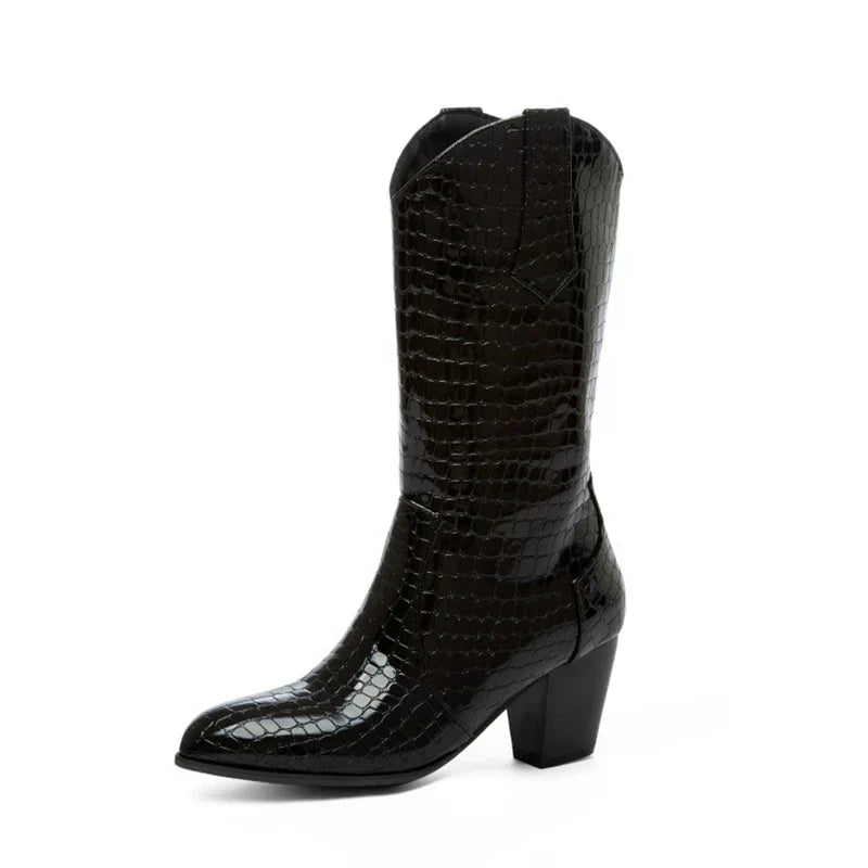 Botas De Mujer Western Cowboy Boots for Women PU Leather Chelsea Boots High Heels Gothic Platform Shoes Big Size 46 47 48 307-1