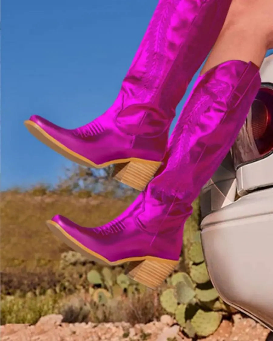 BUSY GIRL SC4840 Metallic Hot pink Boots Women Shoes 2023 Winter Fashion Embroidery Tall Knee Hgih Ladies Boots Cowboy Boots