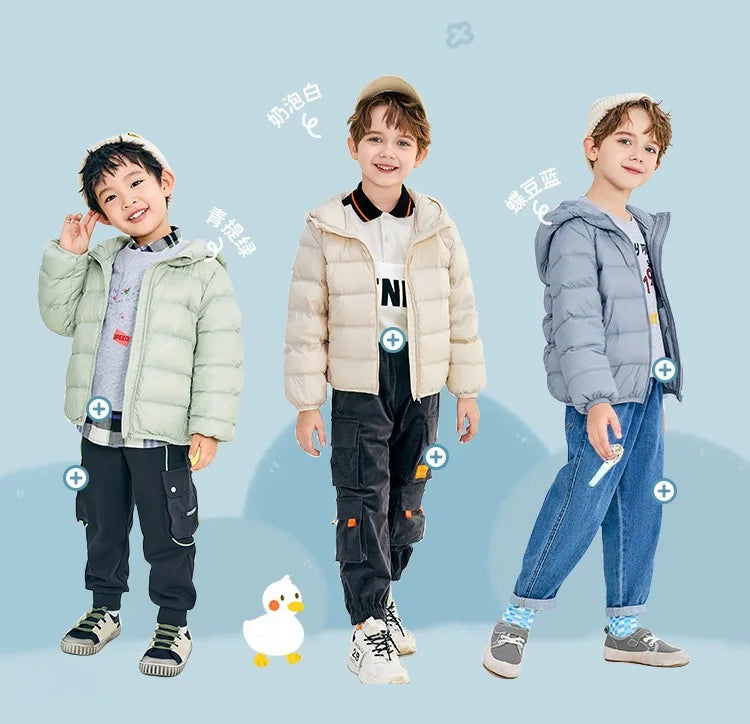 Children's Lightweight Winter Down Jacket New Style Hooded White Duck Down Short Coat for Toddler Boys and Girls