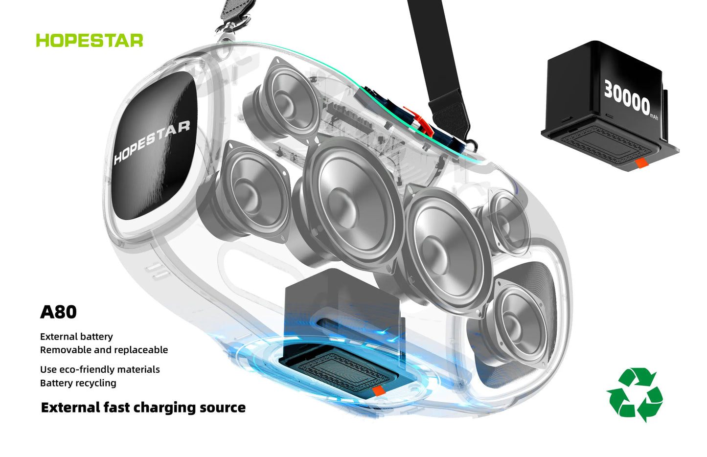 Hopestar speaker A80 alto gravador de áudio portátil de alta qualidade 350W RGB subwoofer home theater USB party computer DC