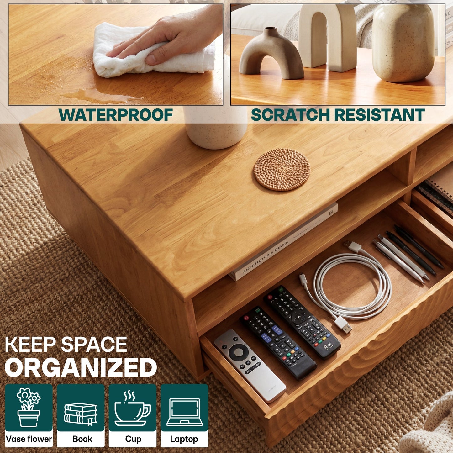 Acacia Harmony Wooden Coffee Table with Drawers & Open Storage