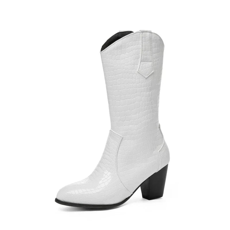 Botas De Mujer Western Cowboy Boots for Women PU Leather Chelsea Boots High Heels Gothic Platform Shoes Big Size 46 47 48 307-1