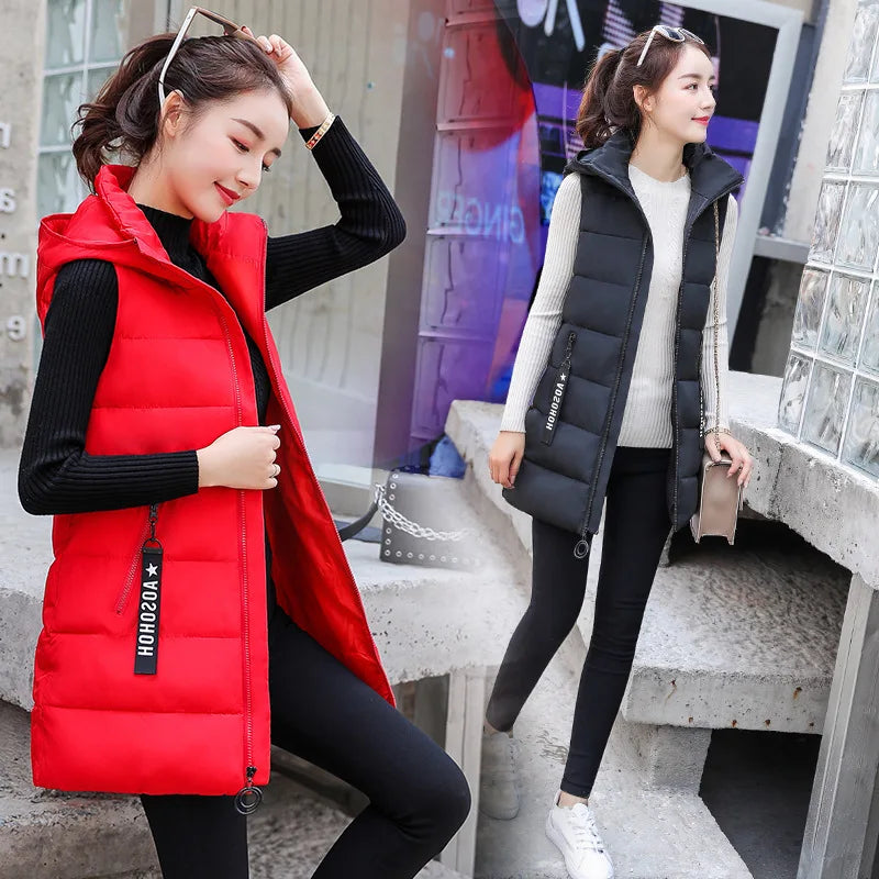 Autumn Winter Mid-length Women's Vest Coat Casual Zipper Sleeveless Warm Jacket Solid Color Hooded Ladies Vest Parkas for women