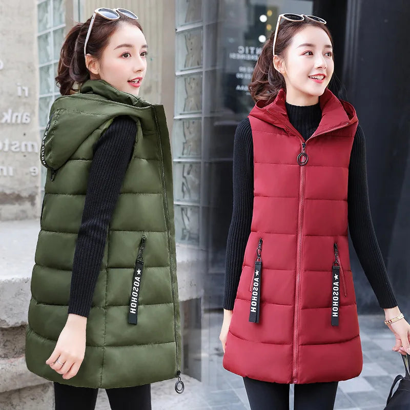 Autumn Winter Mid-length Women's Vest Coat Casual Zipper Sleeveless Warm Jacket Solid Color Hooded Ladies Vest Parkas for women