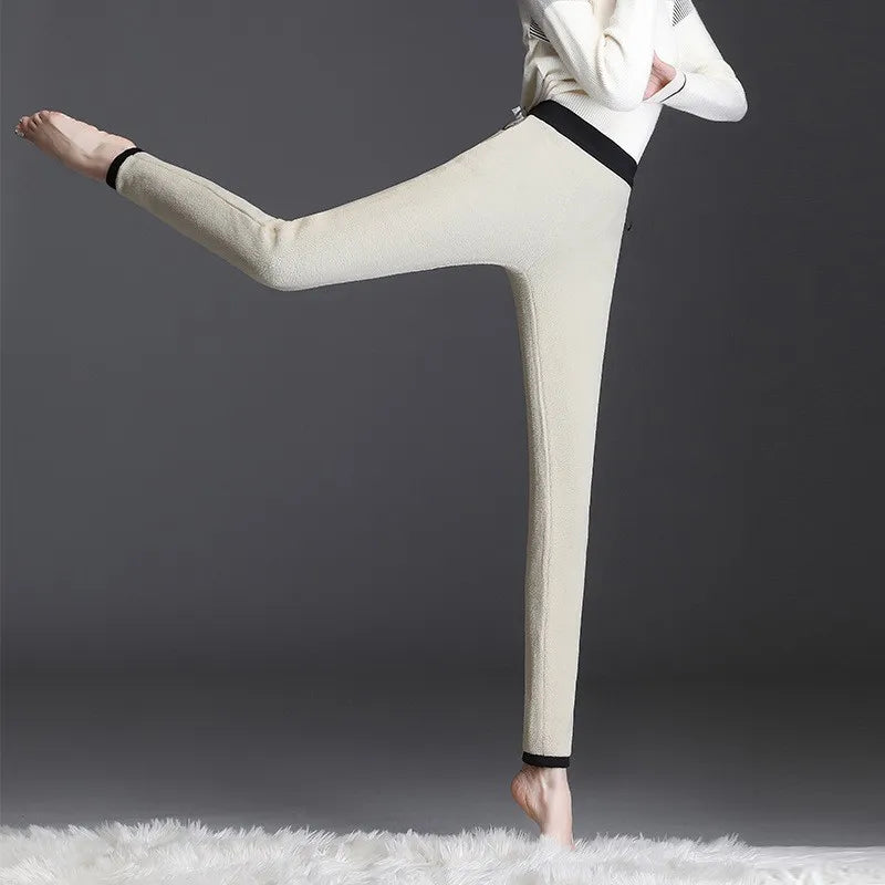 Hiver femmes Leggings solide chaud Leggings épaissir laine d'agneau taille haute polaire garder bout à bout haute extensible pantalon de marche poche