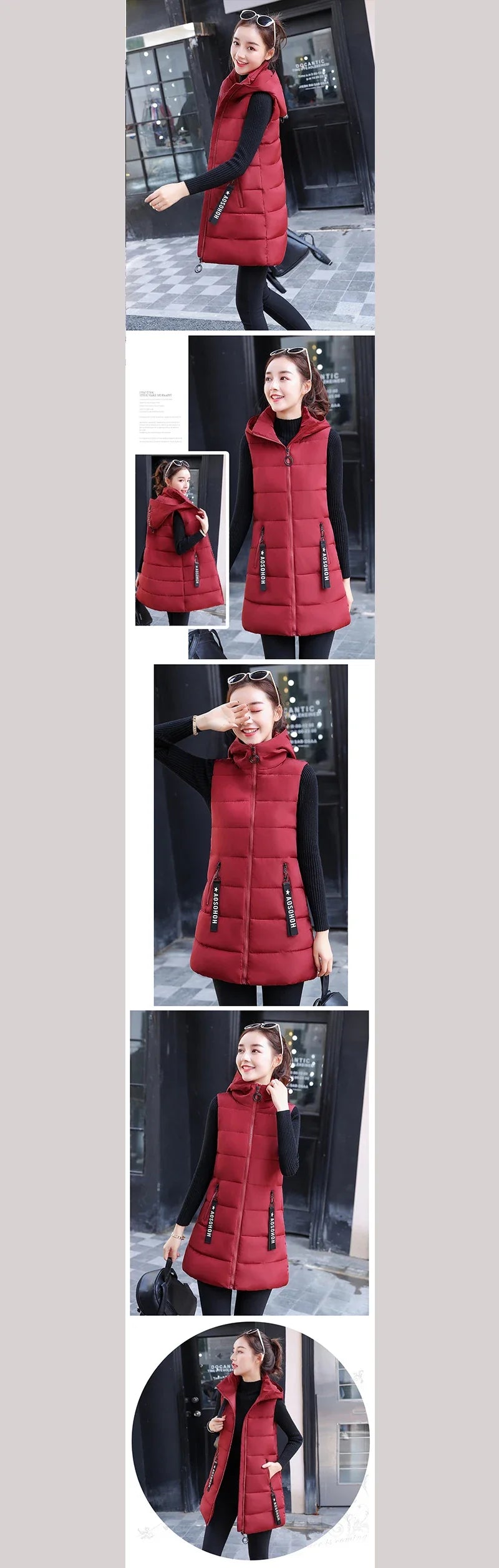 Autumn Winter Mid-length Women's Vest Coat Casual Zipper Sleeveless Warm Jacket Solid Color Hooded Ladies Vest Parkas for women