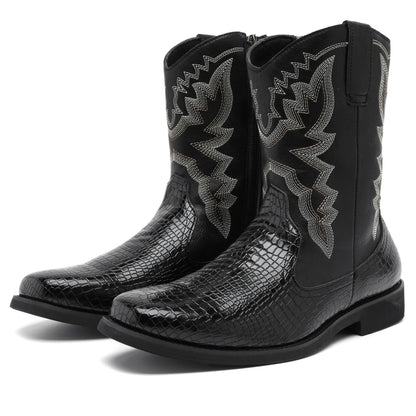 Embroidered Leather Western Cowboy Boots Women's Round Toe Chunky Heel Matching Mid Calf Boots Vintage Black Knight Boots