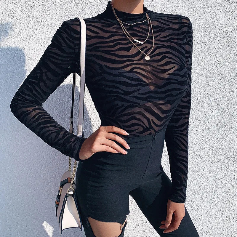 Combinaisons à col montant pour femmes, maille transparente noire, body sexy à manches longues, mince, skinny, rayé, décontracté, pour femme, fête, club