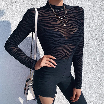 Combinaisons à col montant pour femmes, maille transparente noire, body sexy à manches longues, mince, skinny, rayé, décontracté, pour femme, fête, club