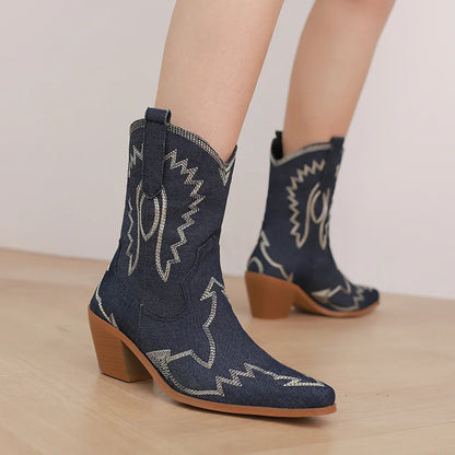 BUSY GIRL XY4777 Ladies Winter Boots Short Fur Warm 6cm Block Heels Custom Embroidery Western Boots Women Cowboy Boots