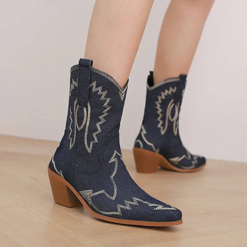 BUSY GIRL XY4777 Bottes d'hiver pour femmes, fourrure courte, chaudes, talons épais de 6 cm, broderie personnalisée, bottes western, bottes de cowboy pour femmes