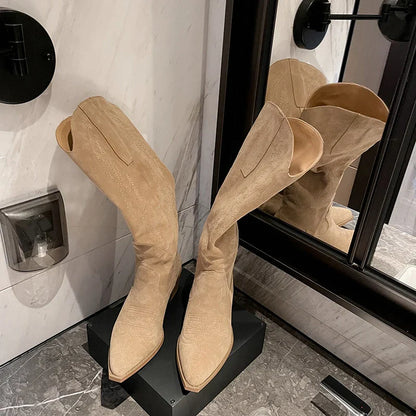 WETKISS Femme Chaussures Talon Épais Broderie Bottes Femme Bottes d'Automne Rose Daim Bottes Hautes Cowboy Vente en Gros