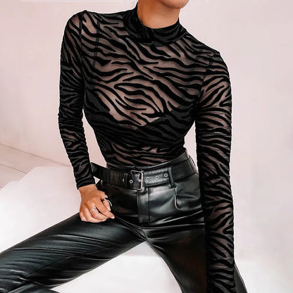 Combinaisons à col montant pour femmes, maille transparente noire, body sexy à manches longues, mince, skinny, rayé, décontracté, pour femme, fête, club