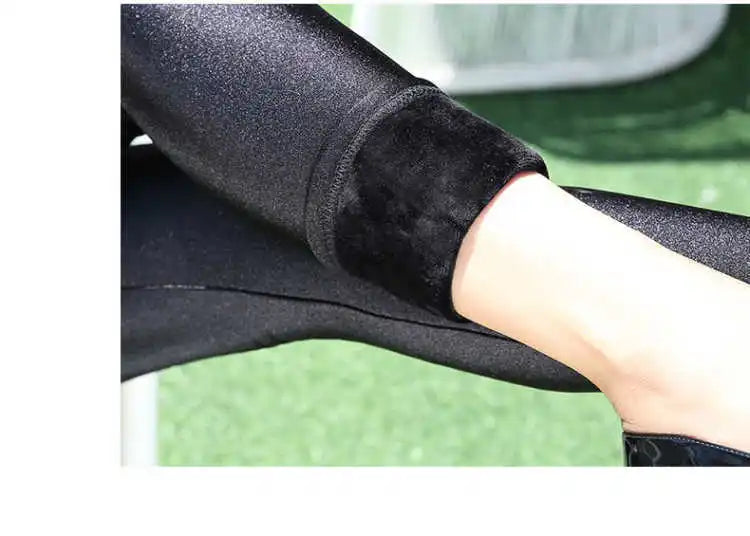 Automne hiver épais Leggings mode solide mince pantalon dame polaire chaud Leggings décontracté noir brillant taille haute Leggings