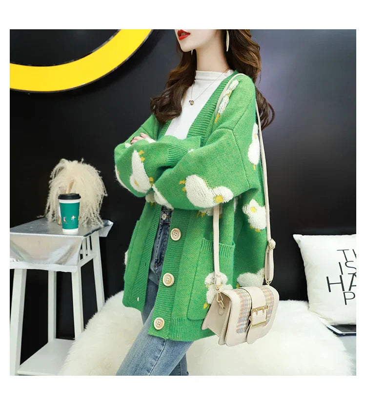 Women Winter Knit Sweater Coat V Neck Sheep Cardigans Christmas Sweaters Warm Knitted Sueter Mujer Loose Long Sleeve Jacket