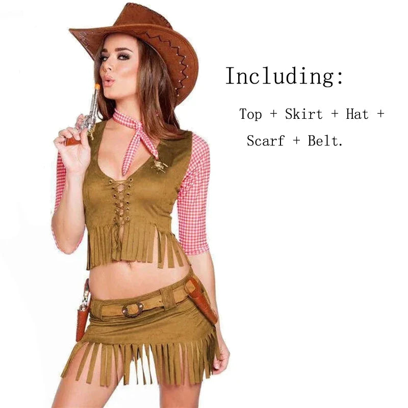 Carnaval Halloween Femme Sexy Costume de Cowgirl de l'Ouest Pionnière de la Prairie à Franges Tenue de Club Jeu de Rôle Cosplay Fête Déguisement