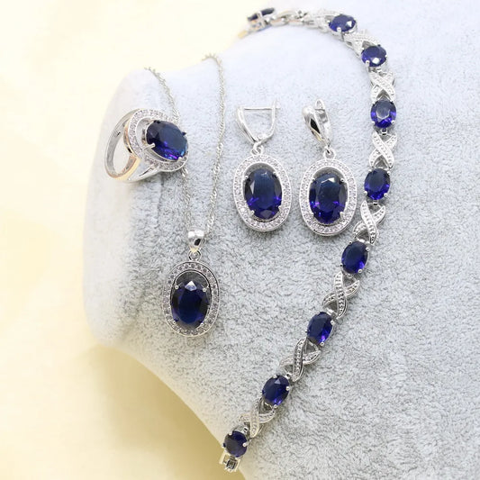XUTAAYI 925 Silver jewelry Set For Women Blue Earrings Necklace Pendant Ring Bracelet Christmas Gift