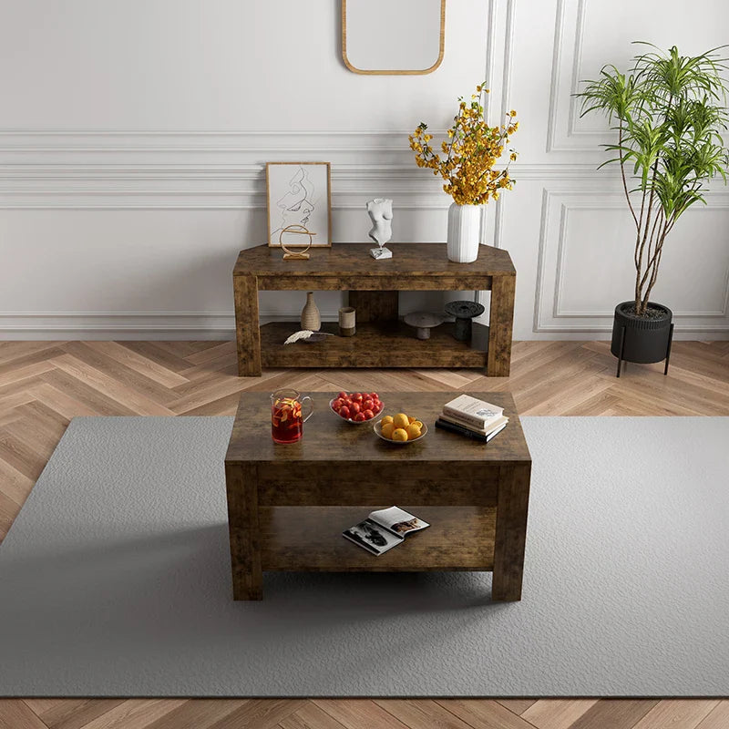 Table TV et Table basse relevable avec rangement, Table centrale relevable en bois rustique pour salon