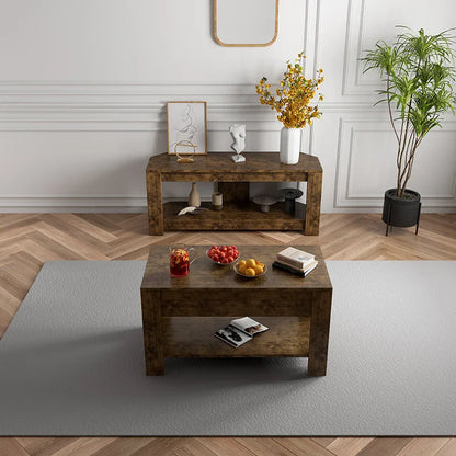 Table TV et Table basse relevable avec rangement, Table centrale relevable en bois rustique pour salon