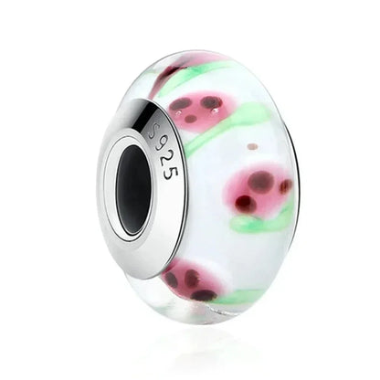 925 Sterling Silver Pink Flower Murano Glass Beads - Diy Bracelet Charms For A Festive Touch (Scz001)