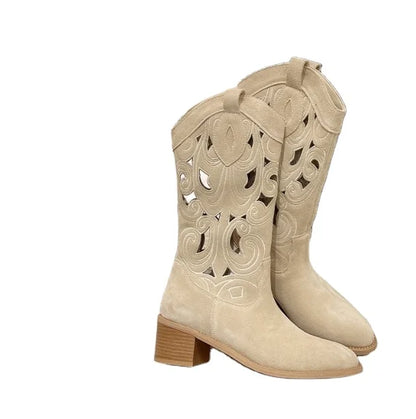 Fashionable New Summer Women's Casual Hollow Out Cool Shoes Thick Heel Embroidered Knight Boots Versatile Midsole Denim Boots