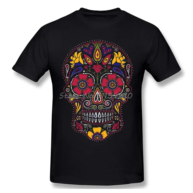 T-Shirt Coton Homme Motif Crâne en Sucre du Jour des Morts et Anime pour Halloween
