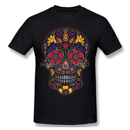 T-Shirt Coton Homme Motif Crâne en Sucre du Jour des Morts et Anime pour Halloween