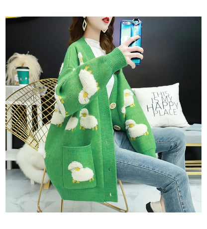 Women Winter Knit Sweater Coat V Neck Sheep Cardigans Christmas Sweaters Warm Knitted Sueter Mujer Loose Long Sleeve Jacket