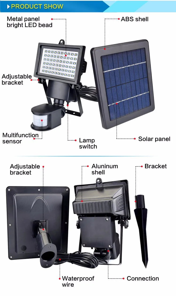 IP65 60 LED Lampe de jardin solaire Capteur de mouvement Lumière d'inondation de sécurité 80 Lumières solaires Batterie Corps en plastique Paysage Solaire