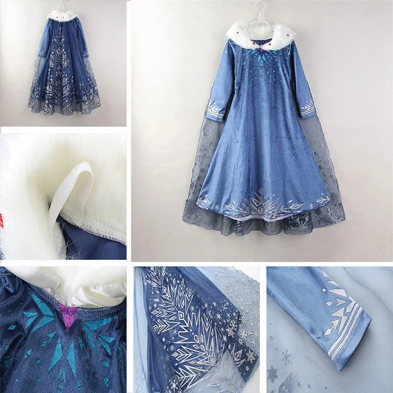 Elsa Costume Girl Blue Dress Long Sleeve Kids Cosplay Princess Dress Up Halloween Birthday Party Outfit