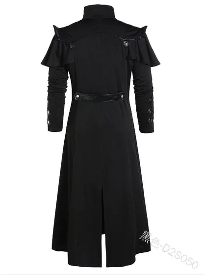 Vintage Halloween Médiéval Steampunk Assassin Elfes Pirate Costume Adulte Hommes Noir Longue Veste Fendue Manteaux en Cuir Armure Gothique