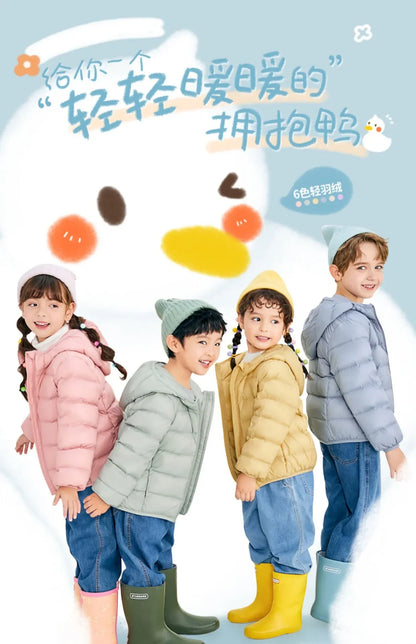 Children's Lightweight Winter Down Jacket New Style Hooded White Duck Down Short Coat for Toddler Boys and Girls