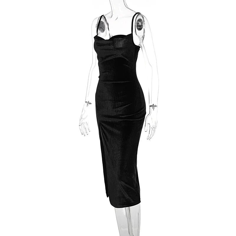 Hugcitar Robe Longue Maxi Fendue Sexy en Velours avec Col Drapé Sans Manches, Nouvelle Mode 2025, Robe de Soirée Élégante pour Femme, Streetwear Y2K