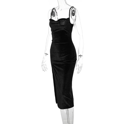 Hugcitar Robe Longue Maxi Fendue Sexy en Velours avec Col Drapé Sans Manches, Nouvelle Mode 2025, Robe de Soirée Élégante pour Femme, Streetwear Y2K