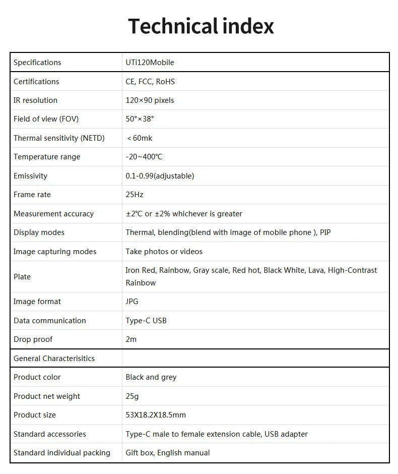 UNI-T UTi120 Mobile UTI120MS USB Caméra Thermique Infrarouge pour Téléphones Portables Caméra Thermographique Imageur pour Réparation