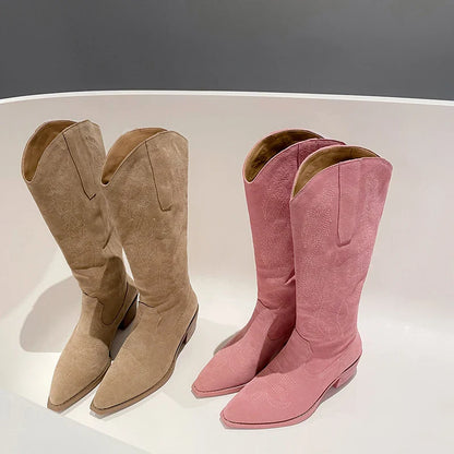 WETKISS Femme Chaussures Talon Épais Broderie Bottes Femme Bottes d'Automne Rose Daim Bottes Hautes Cowboy Vente en Gros